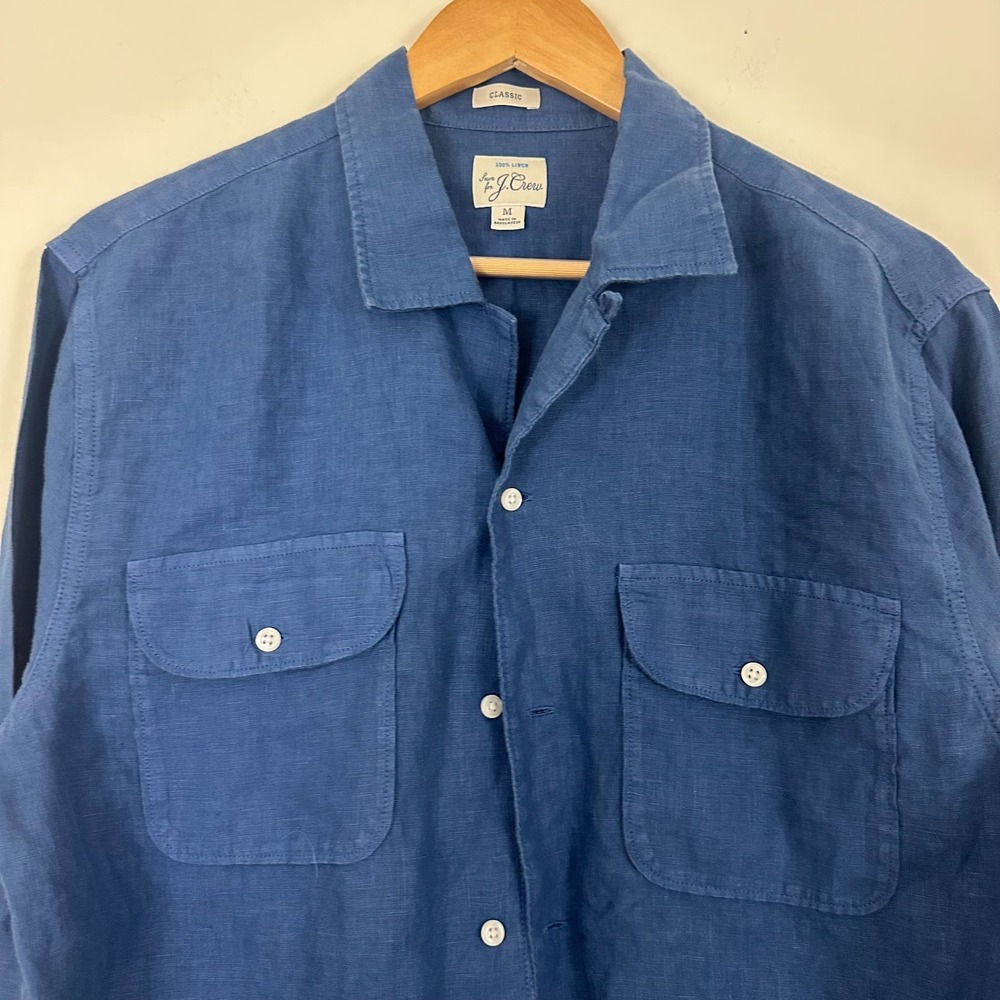 J.CREW Shirt Blue Irish Linen Classic Fit Camp Loop Button Up Mens Medium